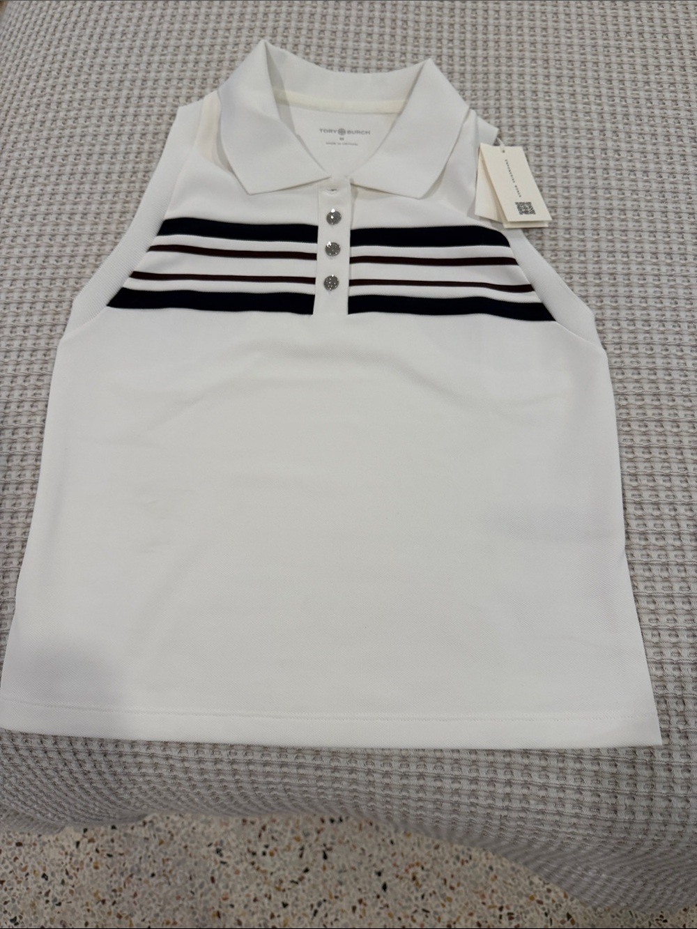 Tory Burch Sport White Sleeveless Polo Tank with Black and Brown Stripes